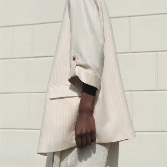 Zara Linen Blend Lightweight Open Front Blazer in Cream Pinstripe Sz Medium - Picture 4 of 16